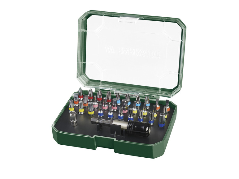 Une boîte verte avec différentes pointes de tournevis et un porte-embout.