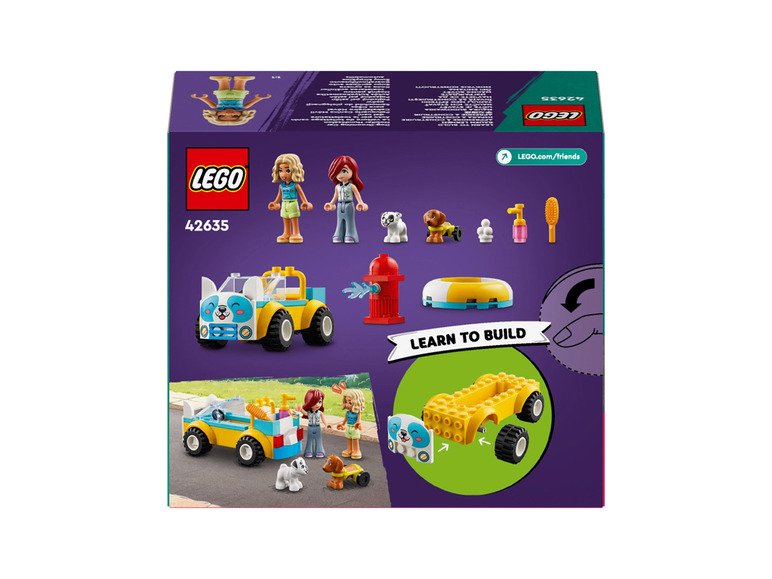 Ensemble LEGO Friends avec une voiture pour chien, des mini-poupées et des accessoires.