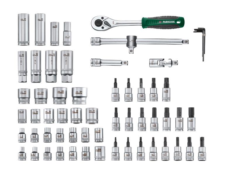 Ensemble de douilles et accessoires Parkside, comprenant des cliquets, des rallonges et des clés Allen.