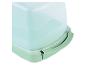 Une boîte de rangement en plastique vert menthe avec un couvercle.