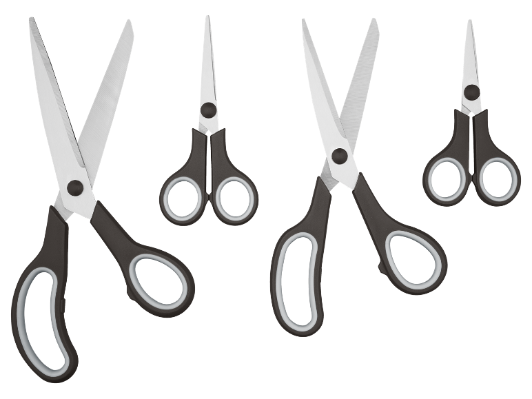 Quatre paires de ciseaux de tailles variées avec des poignées noires et des anneaux blancs, sur fond noir.