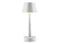 Une lampe de table blanche avec un abat-jour rond.