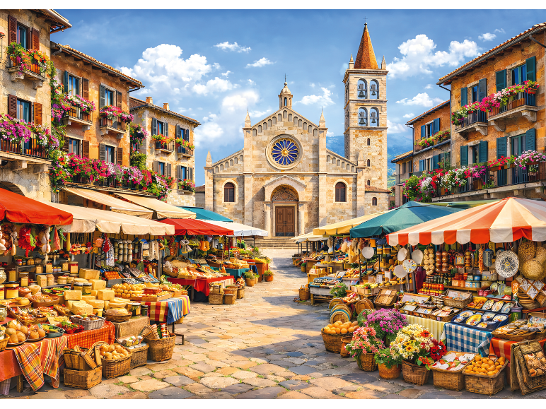 Un marché en plein air animé sur une place italienne, proposant des produits frais, du fromage et des fleurs.