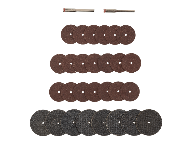 Assortiment de disques de coupe et de meulage avec arbres.