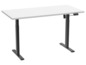 Un bureau blanc avec un piétement noir réglable en hauteur.
