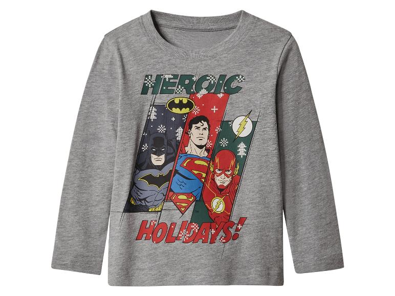 T-shirt gris à manches longues avec les personnages de DC Comics : Batman, Superman et Flash.