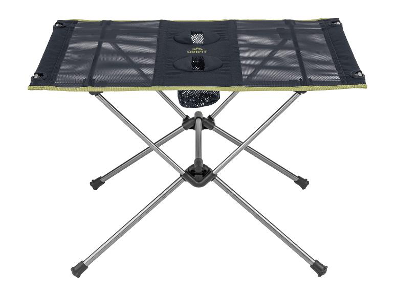 Table pliante Crivit : structure métallique, plateau en tissu mesh.