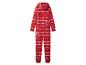 Pyjama une pièce rouge avec motif de rennes et de flocons de neige, avec capuche.