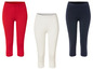 Trois paires de leggings capri : rouge, blanc avec dentelle et bleu foncé.
