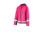 Une veste coupe-vent rose avec des bandes réfléchissantes.
