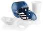 Un casque de football bleu avec un bol et une tasse blancs.