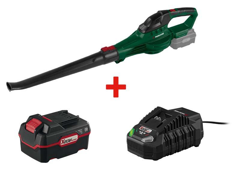 Souffleur de feuilles Parkside avec batterie et chargeur.