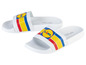 Des tongs blanches avec le logo Lidl et des rayures.