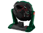 Ventilateur à batterie vert et noir avec pales rouges, avec base et interrupteur.