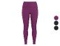 Legging de sport violet taille haute, également disponible en bleu marine et noir.
