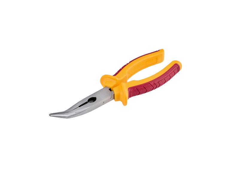 Pince jaune et rouge avec un long bec.