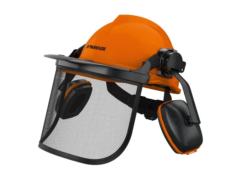 Un casque de sécurité orange avec visière et protection auditive de Parkside.