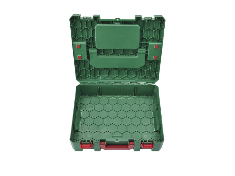Une boîte à outils verte ouverte avec des fermetures rouges.