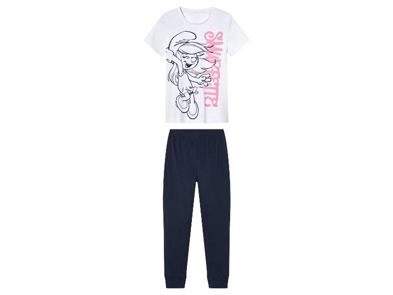 Pyjama avec un imprimé de la Schtroumpfette sur un t-shirt blanc et un pantalon bleu marine.