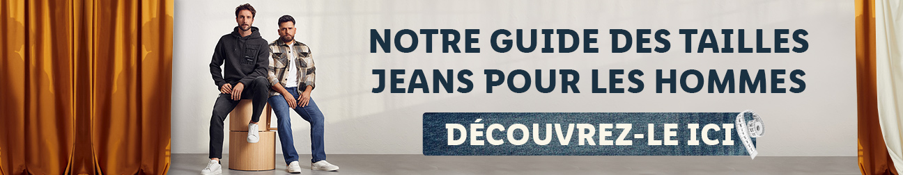 Guide des tailles de jeans pour hommes avec deux hommes portant des jeans.
