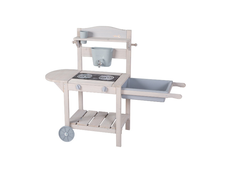 Ensemble cuisine enfant Roba en bois, blanc avec accessoires gris.