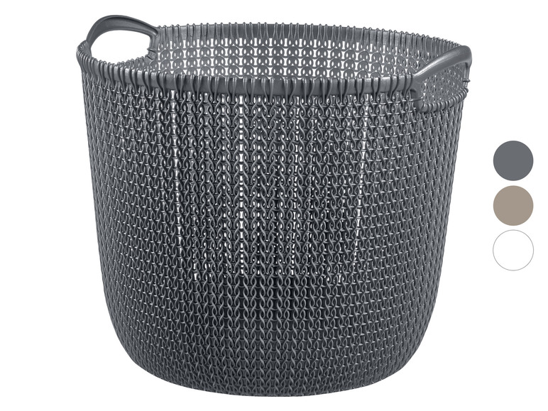 Un panier de rangement rond gris avec des poignées.