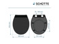 Deux abattants de toilettes avec des designs différents et des dimensions en millimètres.