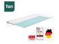 Matelas avec couche de mousse bleue, étiquettes 'Made in Germany' et 'Neues Modell'.