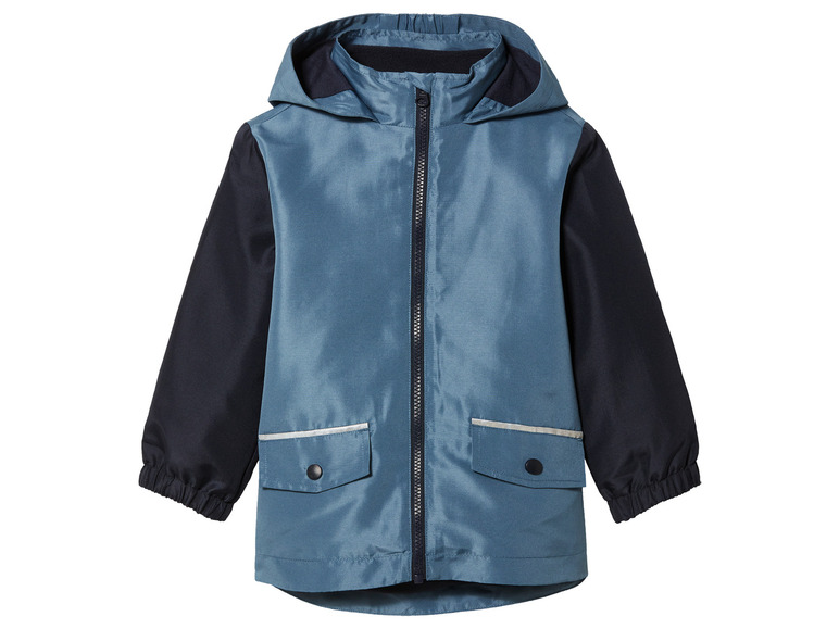 Une veste imperméable bleue avec capuche pour enfants.