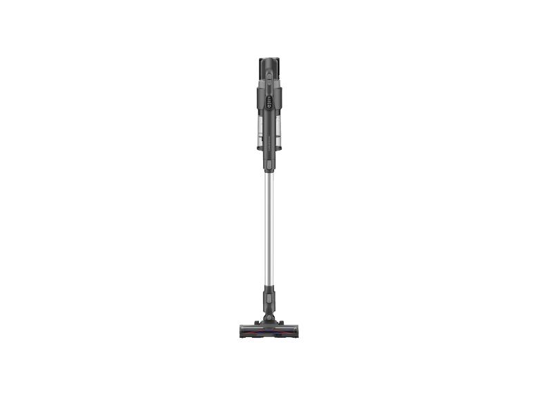 Aspirateur balai gris avec brosse pour sols sur fond noir.