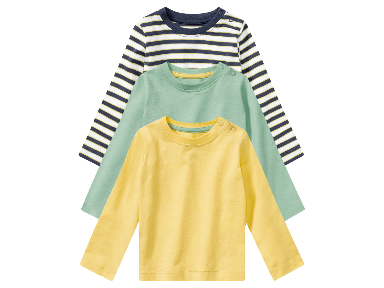 lupilu® Lot de 3 t-shirts manches longues bébé (50/56, rayé/vert/jaune)
