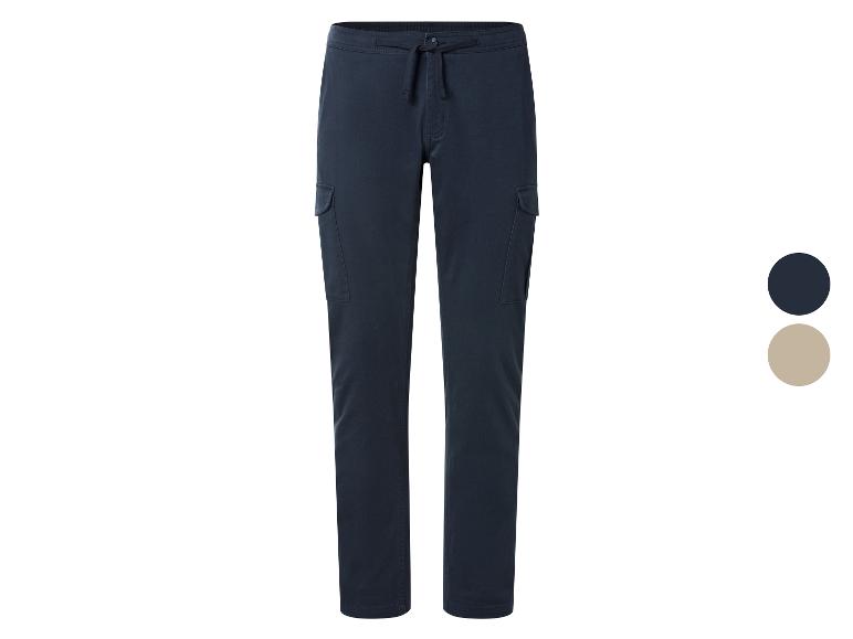Pantalon cargo de survêtement bleu marine avec cordon de serrage, disponible en bleu foncé et beige.