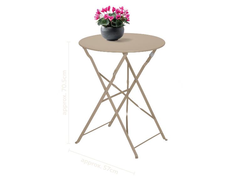 Table de bistrot pliante beige avec un pot de fleurs roses, dimensions 70,5x57cm.
