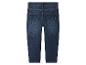 Jean en denim bleu foncé pour enfants, vue arrière, avec deux poches et surpiqûres jaunes.