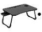Une table pliable noire pour ordinateur portable avec porte-gobelet et tiroir coulissant.