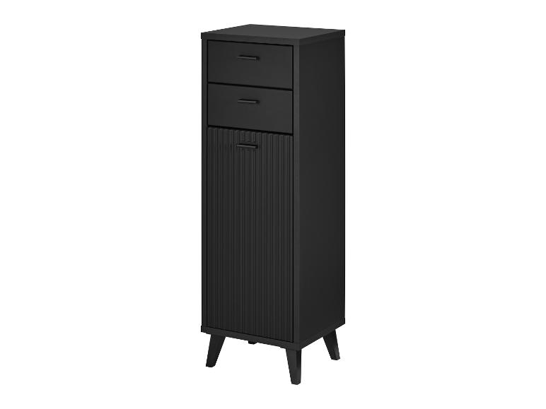Armoire étroite en bois noir avec deux tiroirs et une étagère à porte cannelée.