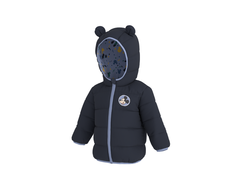 Doudoune enfant bleu marine avec doublure de capuche à motifs et écusson personnage