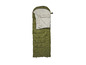 Un sac de couchage vert avec une capuche, déplié.