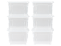 Six boîtes de rangement transparentes empilées avec couvercles sur fond noir.