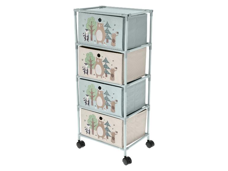 Commode à quatre tiroirs en tissu, décorée d'animaux de la forêt, sur roulettes.