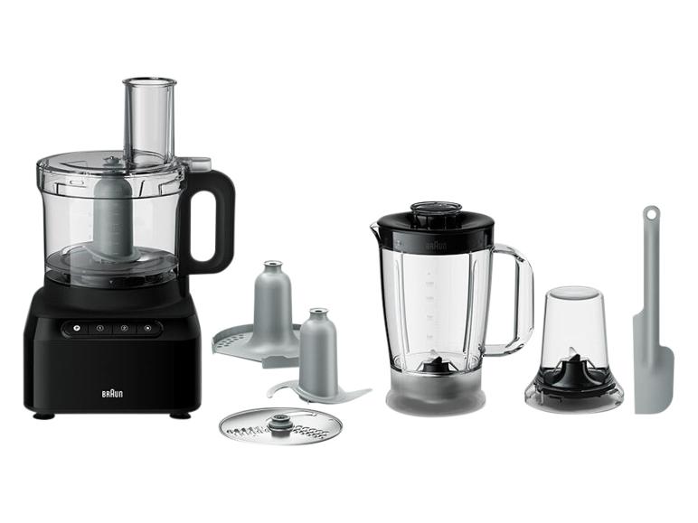 Robot culinaire noir avec mixeur, hachoir et accessoires sur fond blanc.