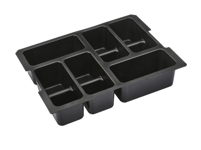 Un bac de rangement noir à six compartiments pour organiser les outils.