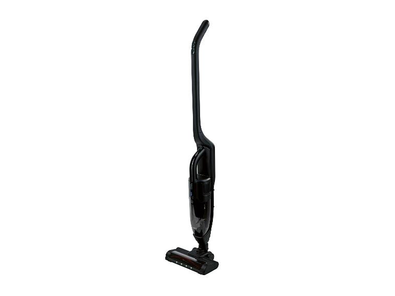 Aspirateur balai sans fil noir avec lumières LED sur la brosse de sol.