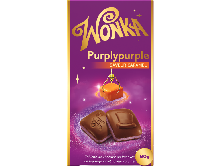 Tablette de chocolat au lait avec un fourrage violet saveur caramel, 90g