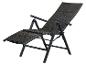 Chaise longue de jardin pliable avec dossier et repose-pieds réglables, en gris foncé.