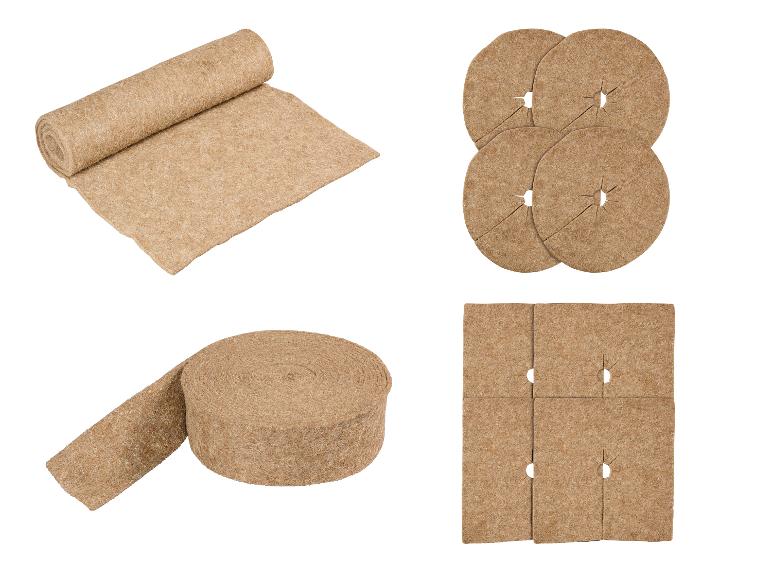 Diverses formes de toile de paillage, y compris un rouleau, un tapis roulé, des pièces rondes et carrées.