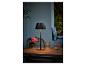 Lampe de table portable avec abat-jour plissé sur une table en bois avec boissons et fleurs.