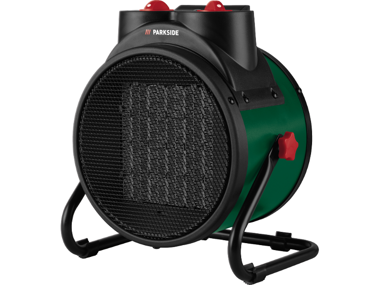 Radiateur soufflant électrique vert et noir avec boutons de commande rouges sur un support noir.