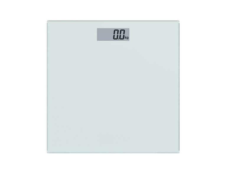 Pèse-personne numérique en verre avec écran LCD affichant 0,0 kg