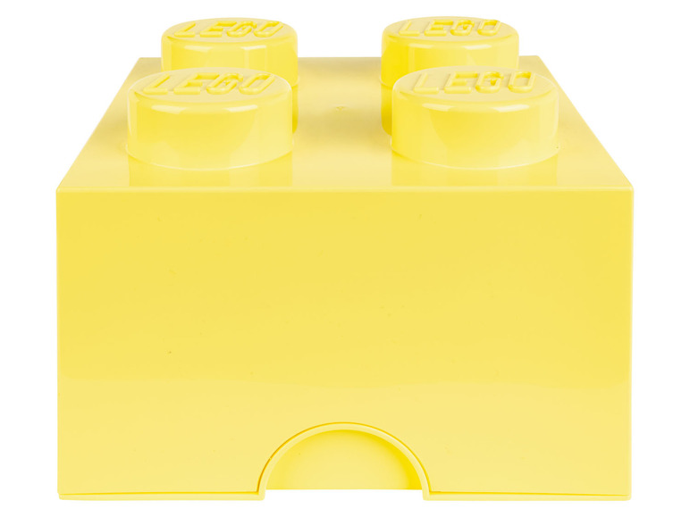 Boîte de rangement LEGO jaune avec quatre briques LEGO
